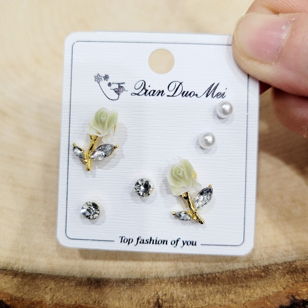 Brand New Set of 3 Gold Tone White & Green Rose Rhinestone Earrings